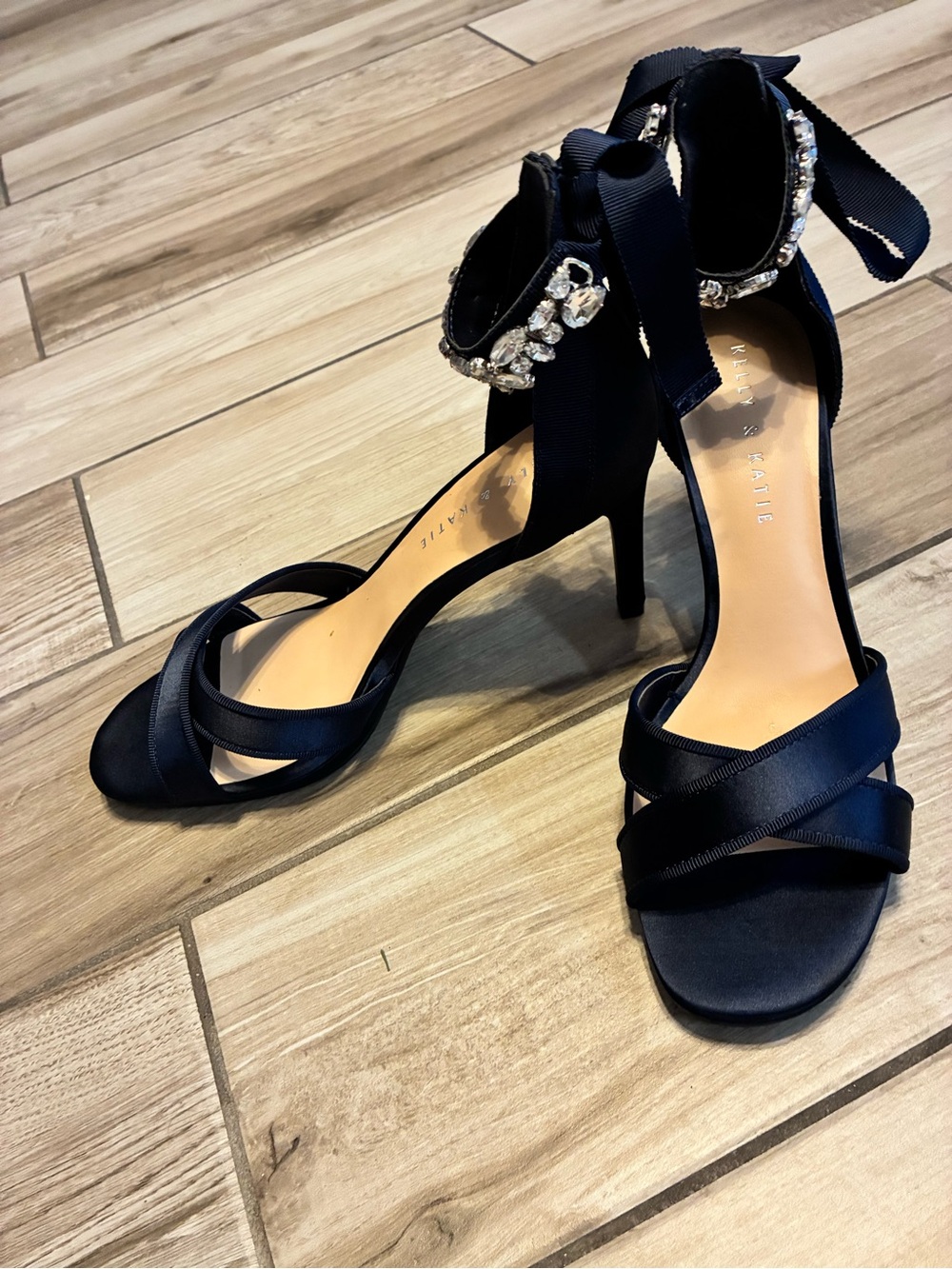 Kelly & Katie Navy Satin Ankle-Tie Sandal with Crystal Accent
